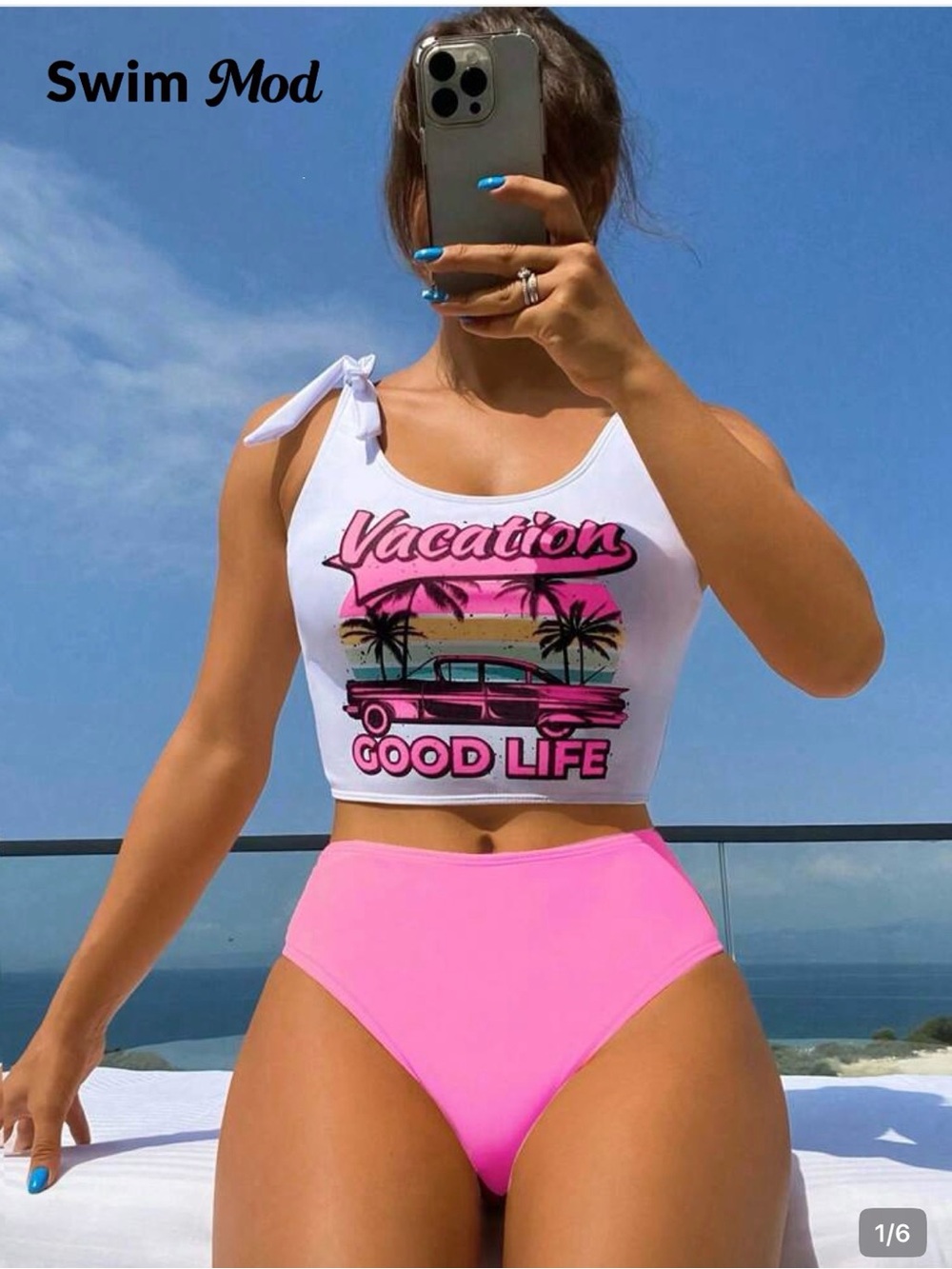 SHEIN White & Hot Pink 'Vacation Good Life' Tie-Shoulder Tankini